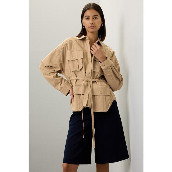 Marissa Webb Utility Jacket Tan Flap Pocket Button Drawstring Long Sleeve Sz M - Picture 1 of 13